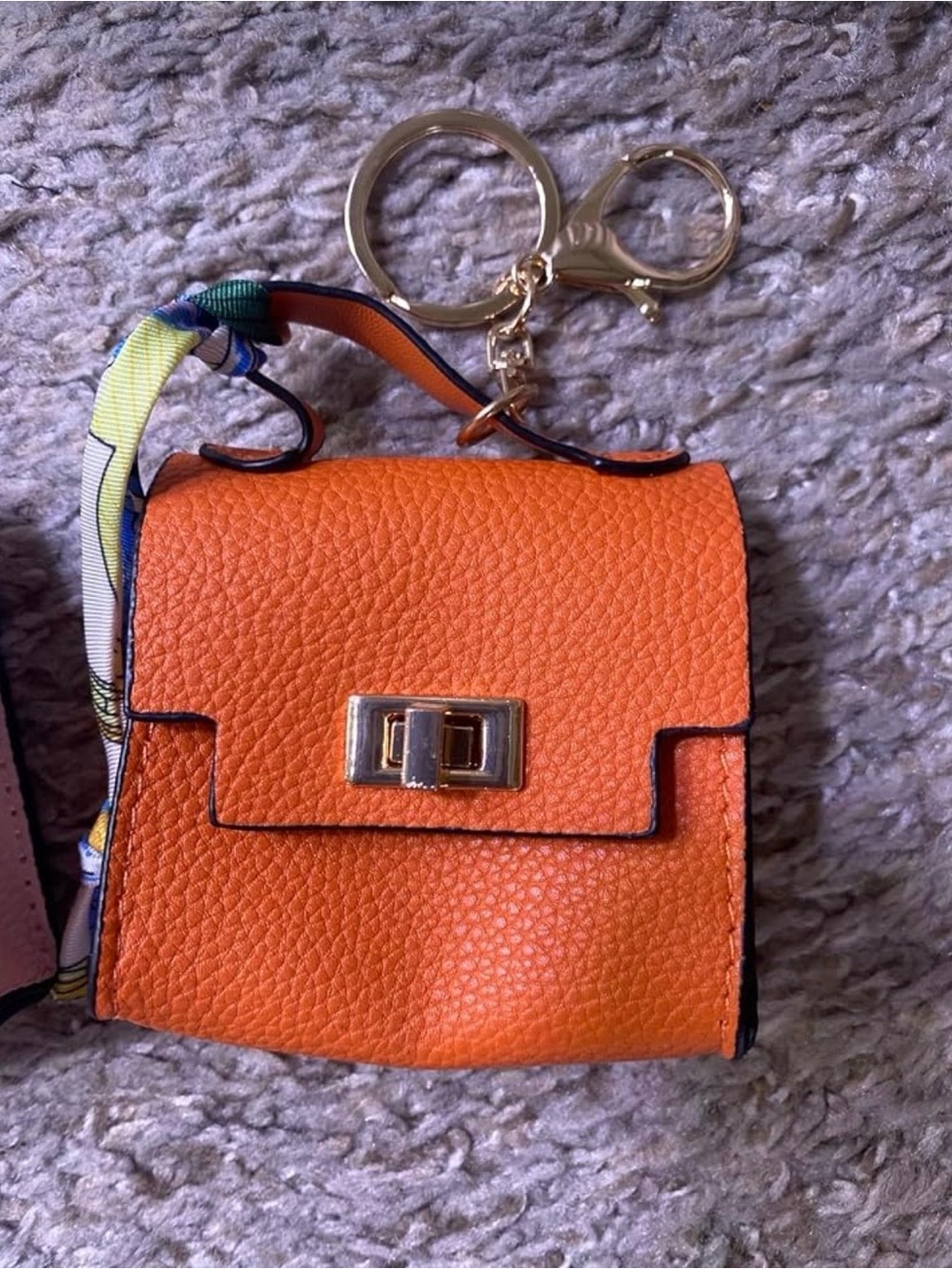 Orange Leather Mini Keychain Bag with Gold Hardware